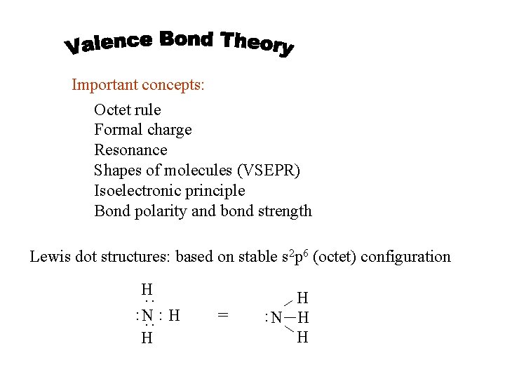 Important concepts: Octet rule Formal charge Resonance Shapes of molecules (VSEPR) Isoelectronic principle Bond