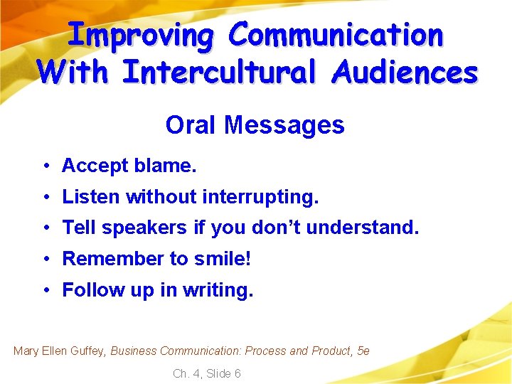 Improving Communication With Intercultural Audiences Oral Messages • Accept blame. • Listen without interrupting.