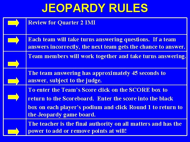 JEOPARDY RULES Review for Quarter 2 IMI Each team will take turns answering questions.