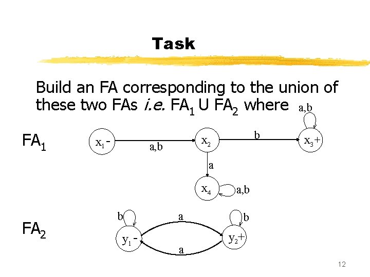 Task Build an FA corresponding to the union of these two FAs i. e.
