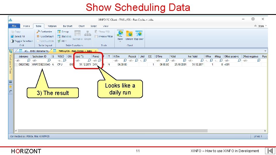 Show Scheduling Data 3) The result HORIZONT Looks like a daily run 11 XINFO