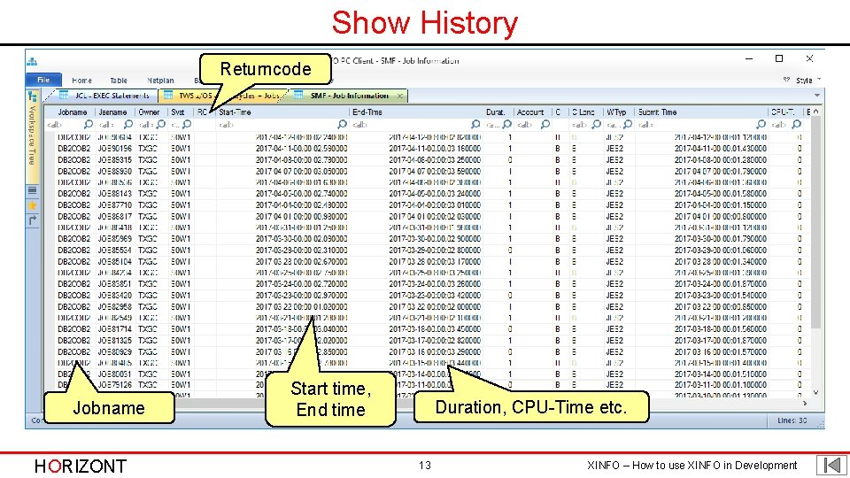 Show History Returncode Jobname HORIZONT Start time, End time Duration, CPU-Time etc. 13 XINFO