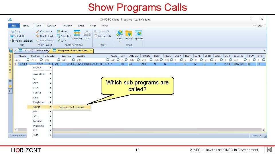 Show Programs Calls Which sub programs are called? HORIZONT 18 XINFO – How to
