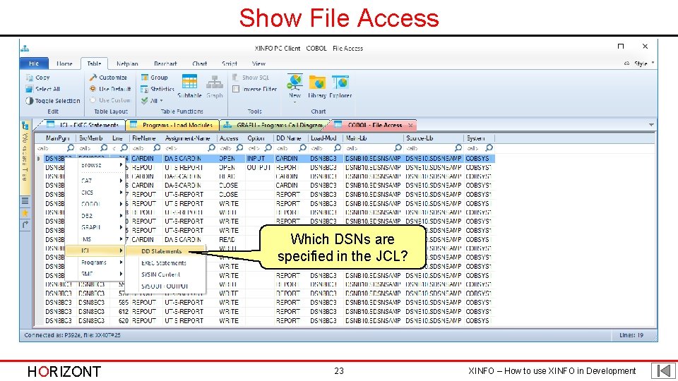 Show File Access Which DSNs are specified in the JCL? HORIZONT 23 XINFO –