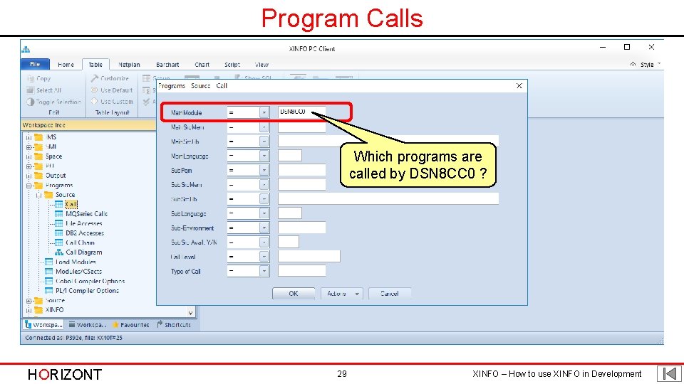Program Calls Which programs are called by DSN 8 CC 0 ? HORIZONT 29