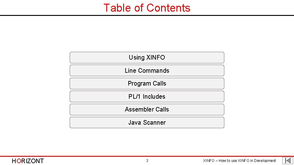 Table of Contents Using XINFO Line Commands Program Calls PL/1 Includes Assembler Calls Java