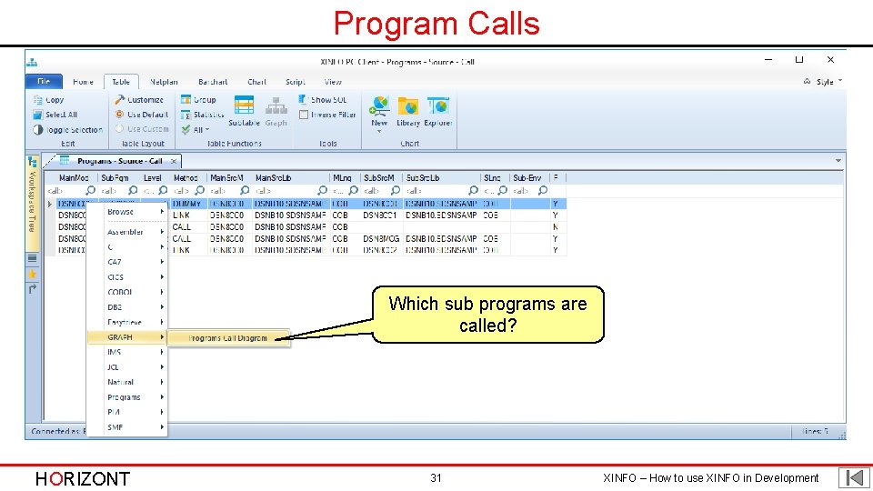 Program Calls Which sub programs are called? HORIZONT 31 XINFO – How to use