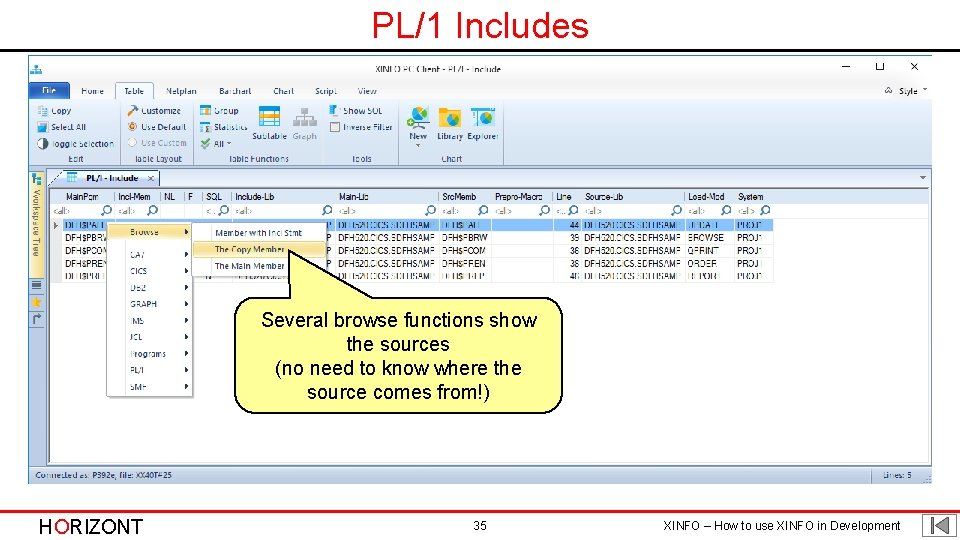 PL/1 Includes Several browse functions show the sources (no need to know where the