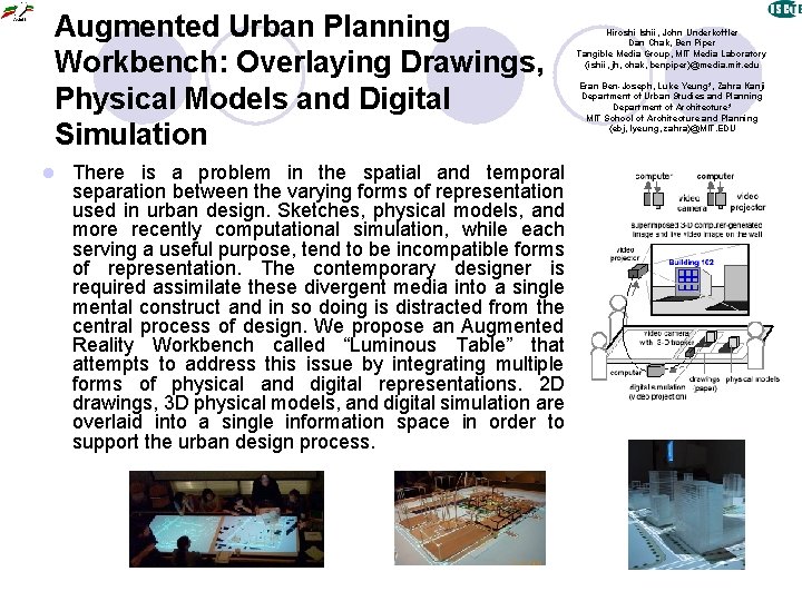 Augmented Urban Planning Workbench: Overlaying Drawings, Physical Models and Digital Simulation l There is