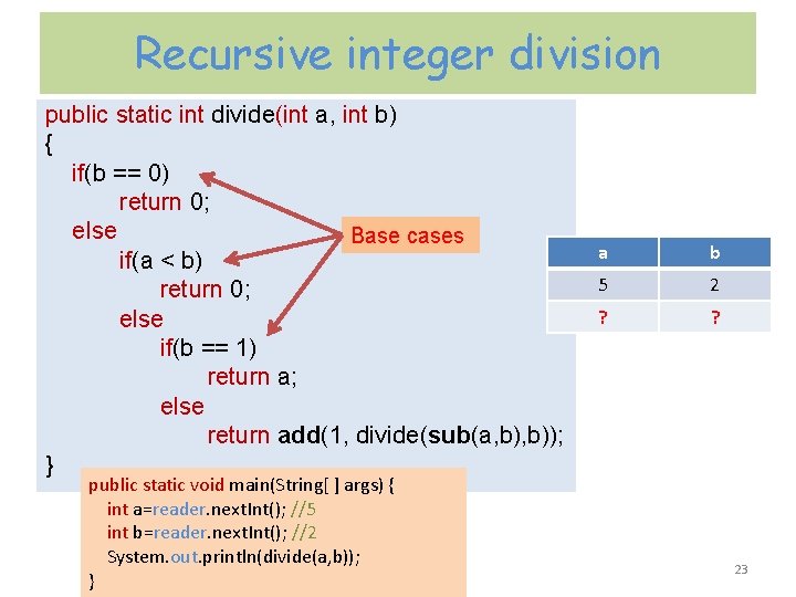 Recursive integer division public static int divide(int a, int b) { if(b == 0) Recursive integer division public static int divide(int a, int b) { if(b == 0)