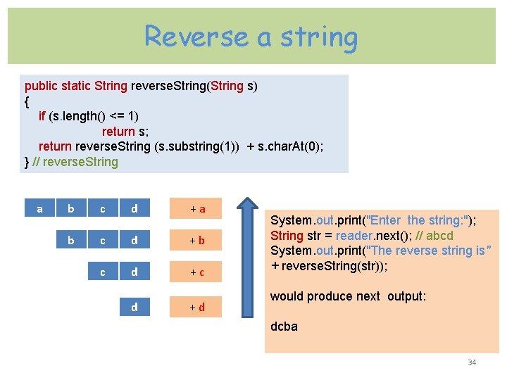 Reverse a string public static String reverse. String(String s) { if (s. length() <=