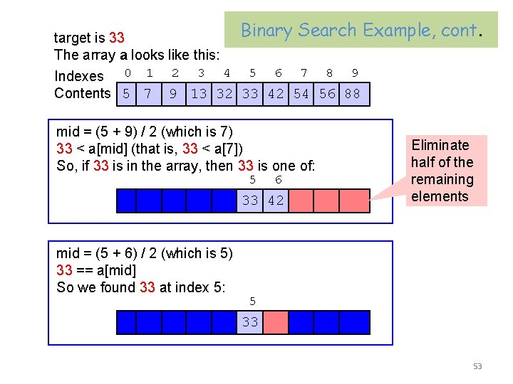 Binary Search Example, target is 33 The array a looks like this: Indexes 0