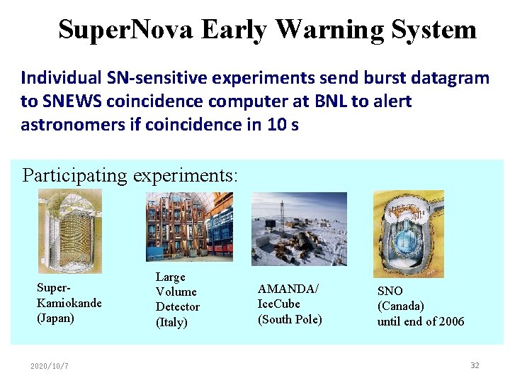 Super. Nova Early Warning System Individual SN-sensitive experiments send burst datagram to SNEWS coincidence
