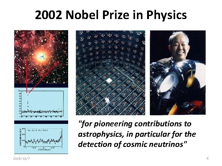 2002 Nobel Prize in Physics "for pioneering contributions to astrophysics, in particular for the