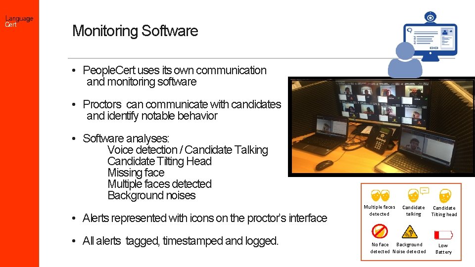 Monitoring Software • People. Cert uses its own communication and monitoring software • Proctors