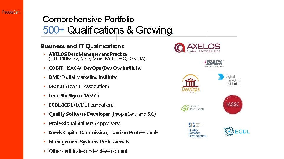 Comprehensive Portfolio 500+ Qualifications & Growing. Business and IT Qualifications • AXELOS Best Management