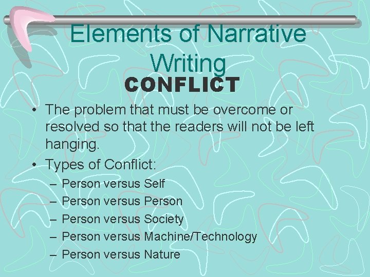 Elements of Narrative Writing CONFLICT • The problem that must be overcome or resolved