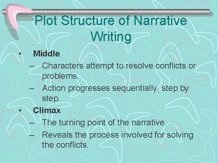 Plot Structure of Narrative Writing • Middle – Characters attempt to resolve conflicts or