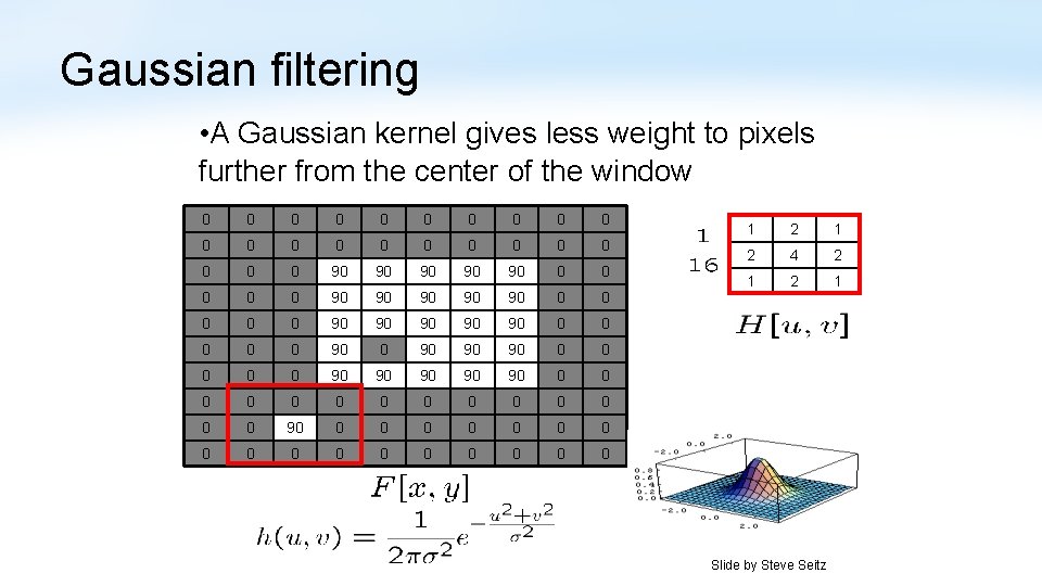 Gaussian filtering • A Gaussian kernel gives less weight to pixels further from the