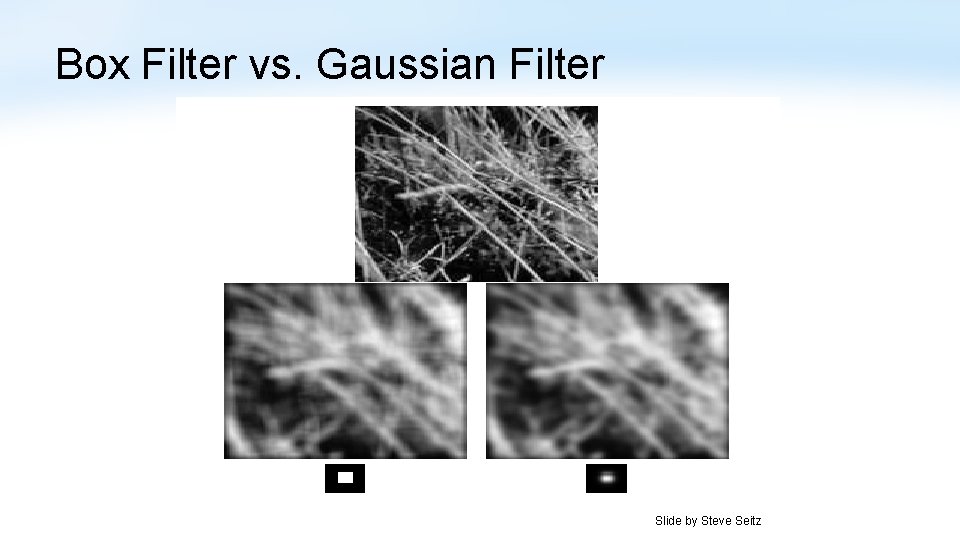 Box Filter vs. Gaussian Filter Slide by Steve Seitz 