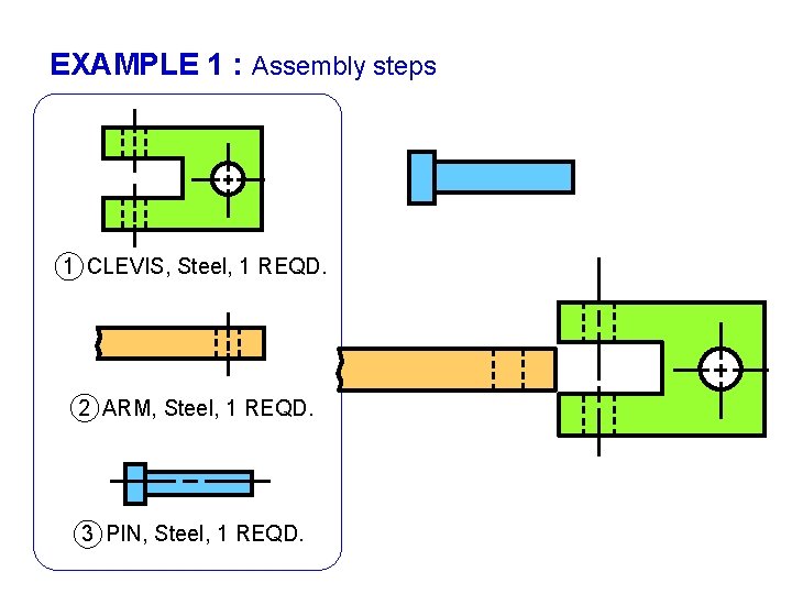 EXAMPLE 1 : Assembly steps 1 CLEVIS, Steel, 1 REQD. 2 ARM, Steel, 1