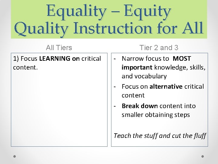 Equality – Equity Quality Instruction for All Tiers 1) Focus LEARNING on critical content. Equality – Equity Quality Instruction for All Tiers 1) Focus LEARNING on critical content.