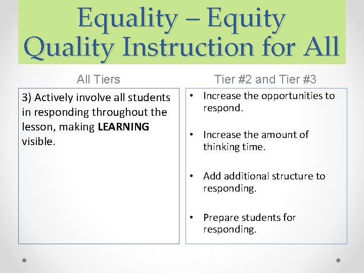 Equality – Equity Quality Instruction for All Tiers 3) Actively involve all students in Equality – Equity Quality Instruction for All Tiers 3) Actively involve all students in