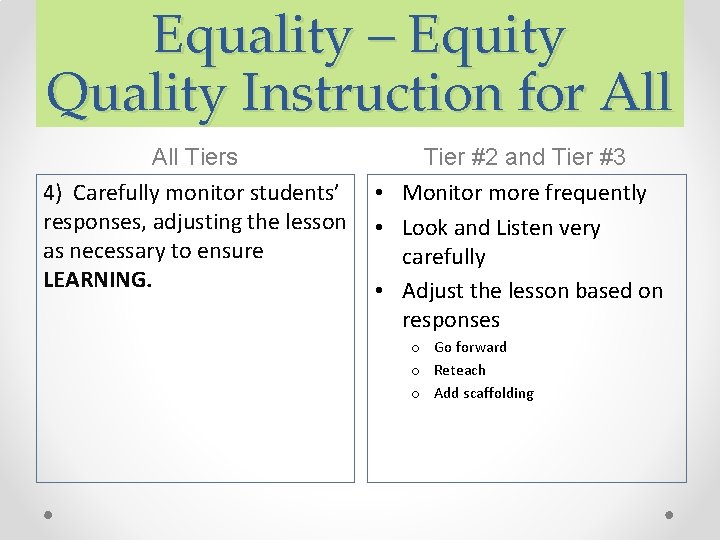 Equality – Equity Quality Instruction for All Tiers 4) Carefully monitor students’ responses, adjusting Equality – Equity Quality Instruction for All Tiers 4) Carefully monitor students’ responses, adjusting