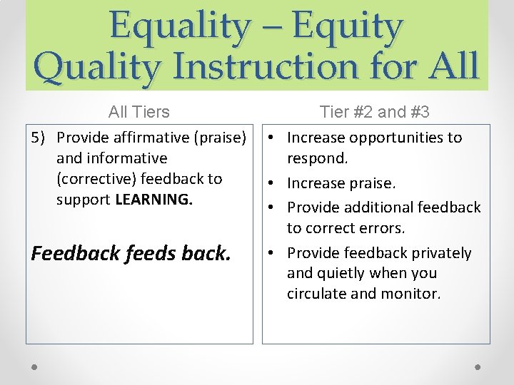 Equality – Equity Quality Instruction for All Tiers 5) Provide affirmative (praise) and informative Equality – Equity Quality Instruction for All Tiers 5) Provide affirmative (praise) and informative
