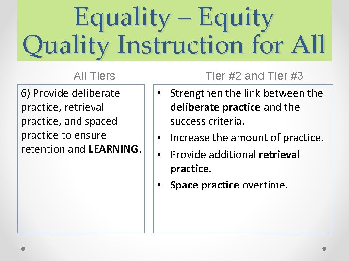 Equality – Equity Quality Instruction for All Tiers 6) Provide deliberate practice, retrieval practice, Equality – Equity Quality Instruction for All Tiers 6) Provide deliberate practice, retrieval practice,