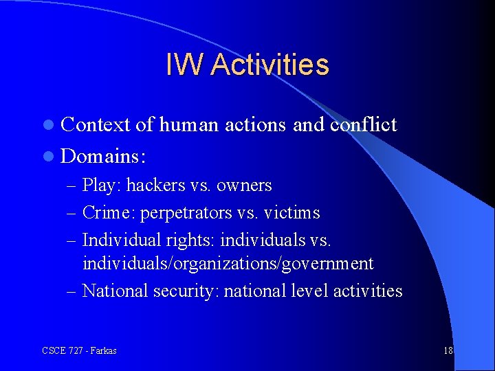 IW Activities l Context of human actions and conflict l Domains: – Play: hackers