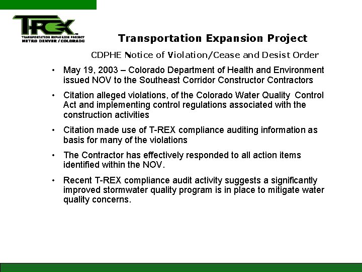 Transportation Expansion Project CDPHE Notice of Violation/Cease and Desist Order • May 19, 2003