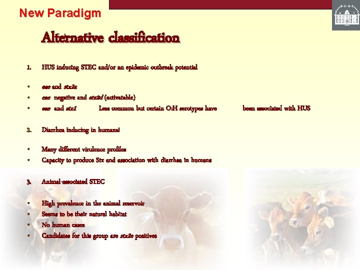 New Paradigm Alternative classification 1. HUS inducing STEC and/or an epidemic outbreak potential •