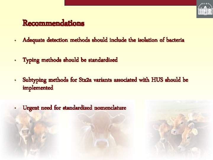 Recommendations • Adequate detection methods should include the isolation of bacteria • Typing methods