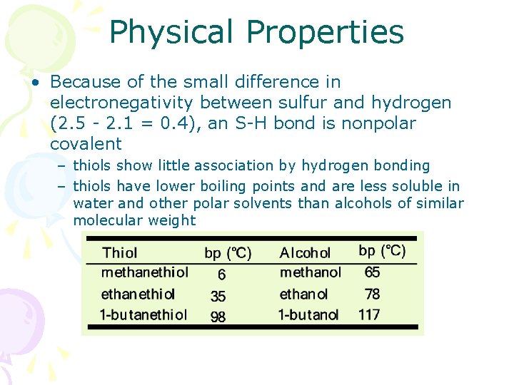 Physical Properties • Because of the small difference in electronegativity between sulfur and hydrogen