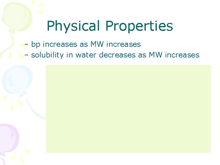 Physical Properties – bp increases as MW increases – solubility in water decreases as