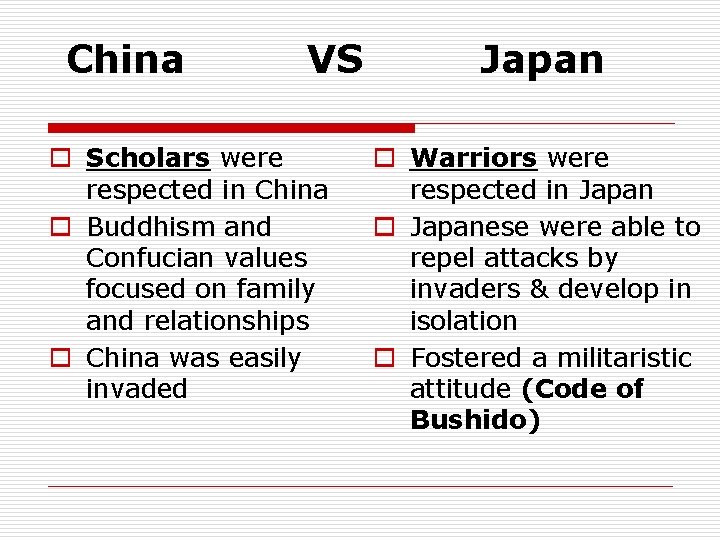  China VS Japan o Scholars were respected in China o Buddhism and Confucian