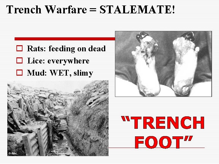 Trench Warfare = STALEMATE! o Rats: feeding on dead o Lice: everywhere o Mud: