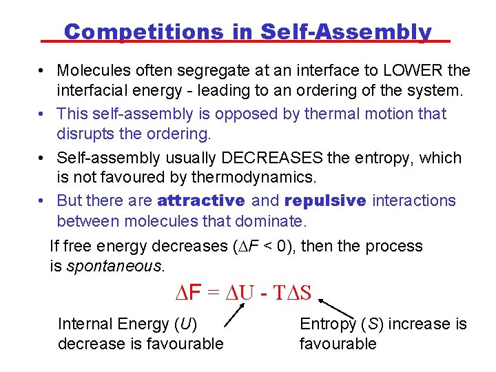 Competitions in Self-Assembly • Molecules often segregate at an interface to LOWER the interfacial