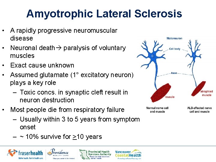 Amyotrophic Lateral Sclerosis • A rapidly progressive neuromuscular disease • Neuronal death paralysis of