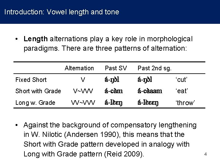 Introduction: Vowel length and tone • Length alternations play a key role in Introduction: Vowel length and tone • Length alternations play a key role in