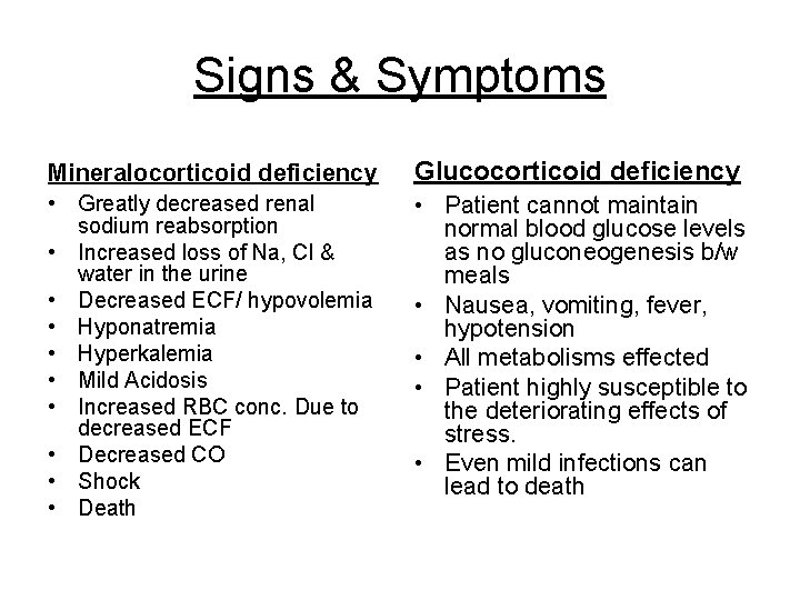 Signs & Symptoms Mineralocorticoid deficiency Glucocorticoid deficiency • Greatly decreased renal sodium reabsorption •