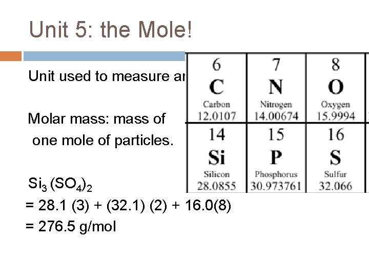 Unit 5: the Mole! Unit used to measure amount of substance. Molar mass: mass Unit 5: the Mole! Unit used to measure amount of substance. Molar mass: mass