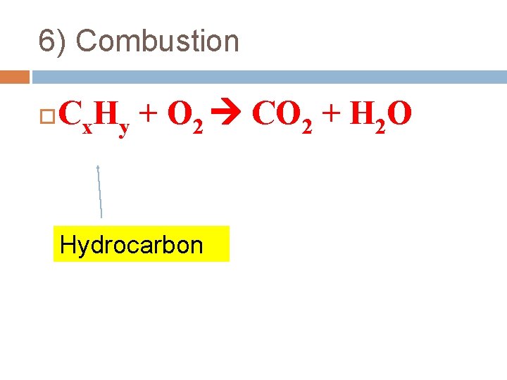 6) Combustion Cx. Hy + O 2 CO 2 + H 2 O Hydrocarbon 6) Combustion Cx. Hy + O 2 CO 2 + H 2 O Hydrocarbon