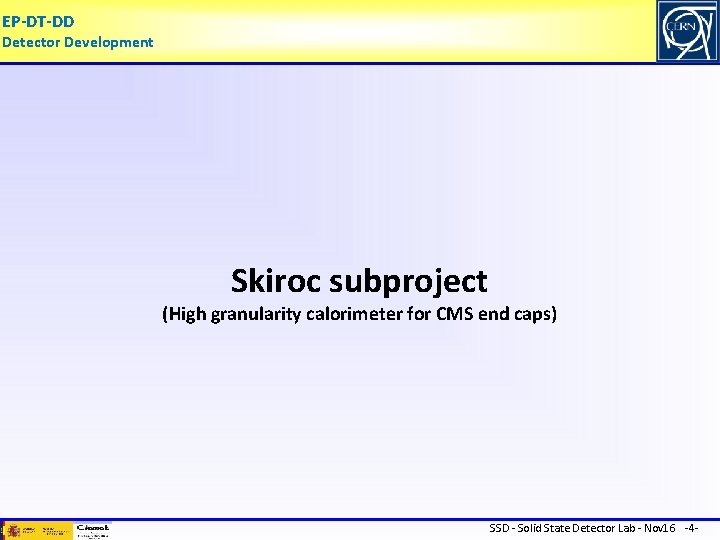 EP-DT-DD Detector Development Skiroc subproject (High granularity calorimeter for CMS end caps) SSD -