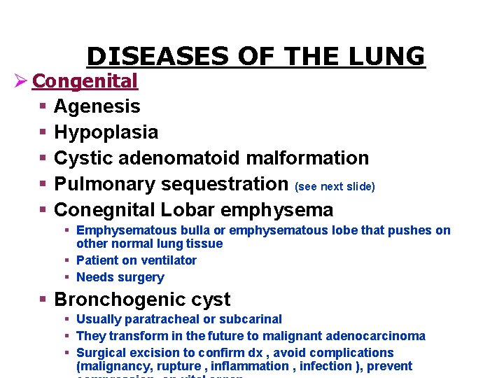 DISEASES OF THE LUNG Ø Congenital § Agenesis § Hypoplasia § Cystic adenomatoid malformation