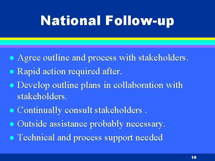 National Follow-up Agree outline and process with stakeholders. l Rapid action required after. l