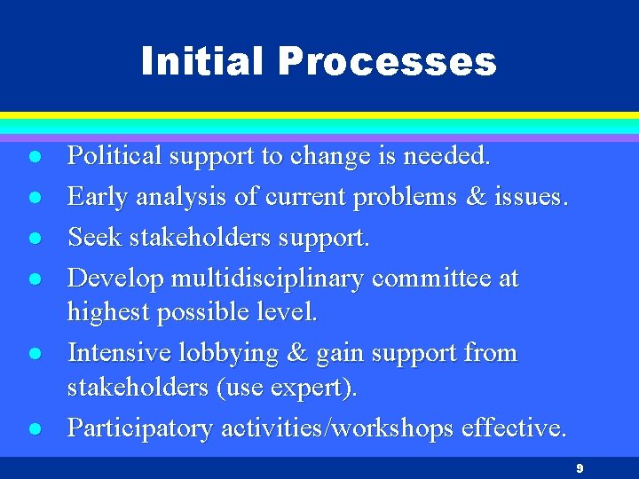 Initial Processes l l l Political support to change is needed. Early analysis of