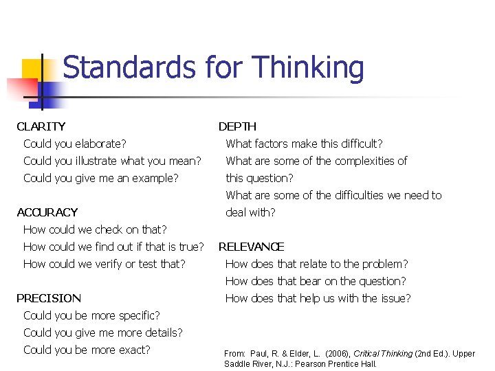 Standards for Thinking CLARITY DEPTH Could you elaborate? What factors make this difficult? Could