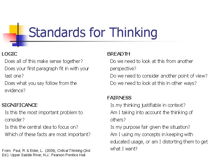 Standards for Thinking LOGIC BREADTH Does all of this make sense together? Do we